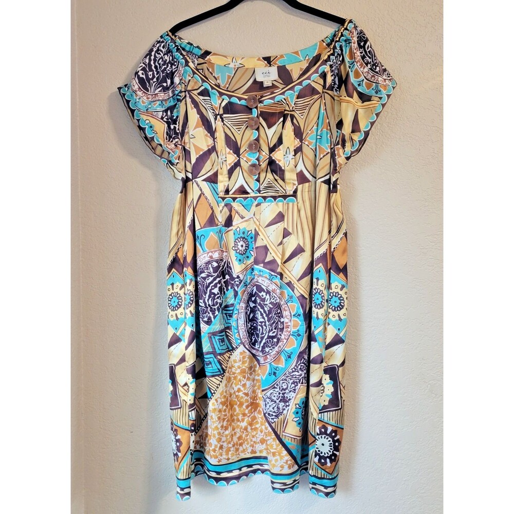 Y2K ECI N.Y. Silk Gold Teal Brown Floral Geometric Babydoll Dress Sz 14 Large